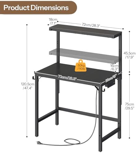 HOOBRO Small Computer Desk, 28.3" Desk for Small Spaces, Home Office Desk with Power Outlet & Adjustable Monitor Stand, Compact Desk with Storage, Writing Table for Bedroom, Office, Black BB38UDN01