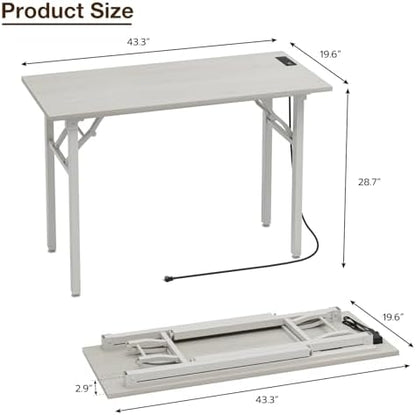 TEMI Small Computer Desk Folding Table - No Assembly, Compact 43.3" Foldable Desk with Power Outlets & USB Charging Port, Portable Small Office Desk, Ideal Mini Study Table for Narrow Spaces,White Ash