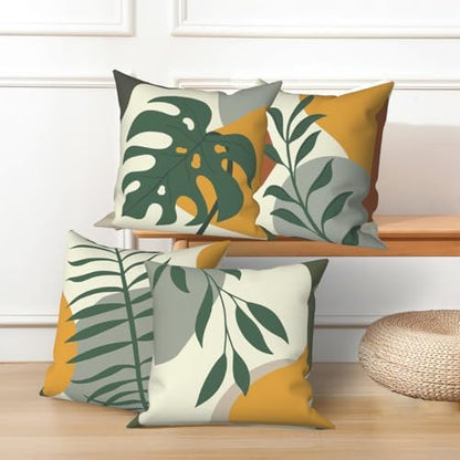 4 Pcs/Set Tropical Leaves Throw Pillow Covers Boho Summer Green Leaf Monstera Palm Leaf Abstract Botanical Farmhouse Linen Pillow Cases for Sofa Couch Home Outdoor Decor, 20"x20"
