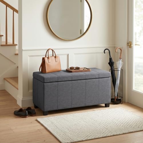 SIMPLIHOME Dover 36" Wide Linen Look Fabric Storage Ottoman in Slate Grey