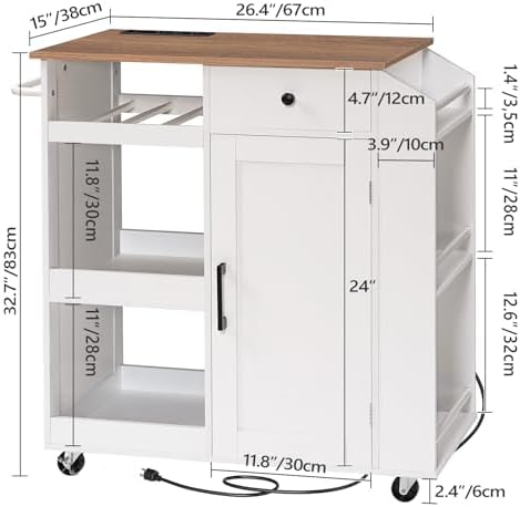 MAHANCRIS Kitchen Island with Power Outlet, Kitchen Storage Island with Drawer, Rolling Kitchen Cart on Wheels, Spice Rack, Towel Rack, Wine Rack, for Dining Room, White and Walnut KIBZ122E01