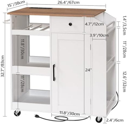 MAHANCRIS Kitchen Island with Power Outlet, Kitchen Storage Island with Drawer, Rolling Kitchen Cart on Wheels, Spice Rack, Towel Rack, Wine Rack, for Dining Room, White and Walnut KIBZ122E01