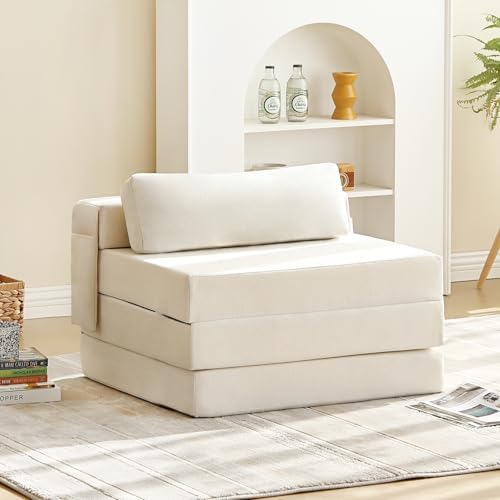 Tiita Folding Sofa Bed Chair, 4-Fold Convertible Sleeper Chair with Lumbar Pillow, Washable Cover & Side Pocket, Floor Couch Bed with Raised Seat, Single Size for Small Spaces, Beige