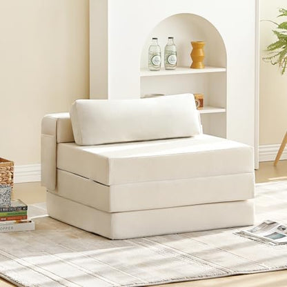 Tiita Folding Sofa Bed Chair, 4-Fold Convertible Sleeper Chair with Lumbar Pillow, Washable Cover & Side Pocket, Floor Couch Bed with Raised Seat, Single Size for Small Spaces, Beige