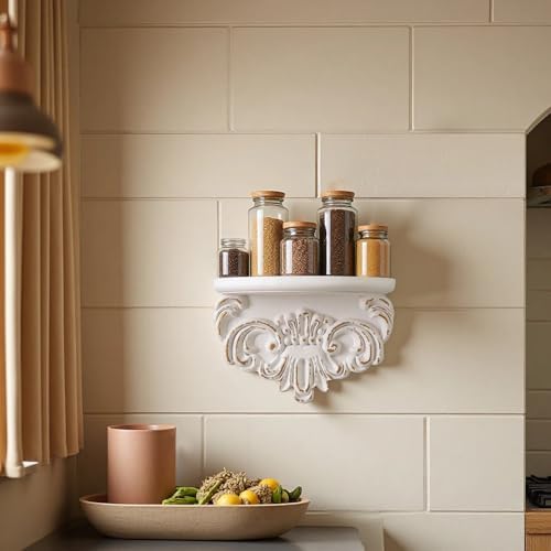 European Floating Wood Shelf with Distressed Scroll Carving, 10" L