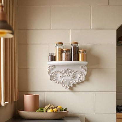 European Floating Wood Shelf with Distressed Scroll Carving, 10" L