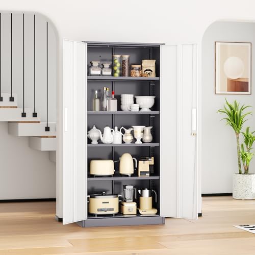 INTERGREAT Metal Storage Cabinet, 72” H Storage Cabinet with 2 Doors and 4 Adjustable Shelves for Office, Home, Garage, Pantry (Gray White)