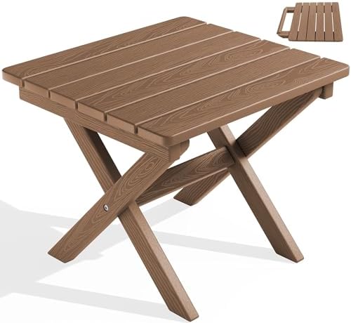 SERWALL Small Folding Side Table, HDPE Outdoor End Table, Brown