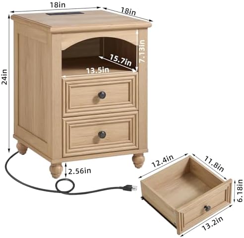 RWYHG 18" Night Stand with Charger Station, Nightstand with 2 Drawers