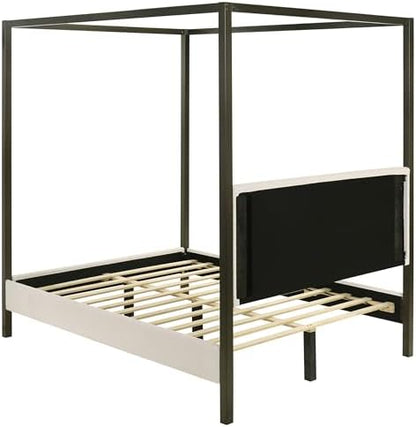 Coaster Monroe Queen Boucle Upholstered Metal Canopy Bed Vanilla 300834Q