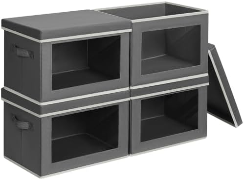 Stackable Storage Bins with Lids - Large Storage Box with Lids, Foldable Closet Boxes for Organizing, Wardrobe Clothes Organizer with Window, Cubes Bins for Living Room, 4 Pack, Dark Grey