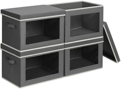 Stackable Storage Bins with Lids - Large Storage Box with Lids, Foldable Closet Boxes for Organizing, Wardrobe Clothes Organizer with Window, Cubes Bins for Living Room, 4 Pack, Dark Grey