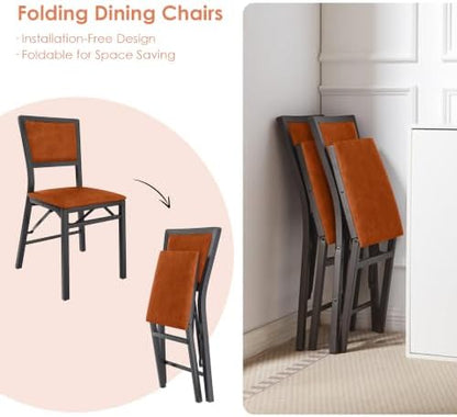 VECELO Folding Dining Chairs Set of 2, Metal Padded Foldable Seating with Comfortable Faux Leather, Space-Saving Portable Guest Seats for Kitchen & Office, No Assembly, Cognac Brown