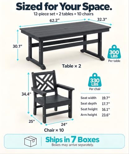 12 Piece HDPE Outdoor Dining Set for 10, Patio HDPE Furniture Set with 2 Table and Umbrella Hole, Outdoor Table and Chairs for Garden, Poolside, Backyard, Deck