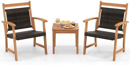 HAPPYGRILL 3 Pieces Rattan Wood Bistro Set, Patio Wicker Chairs Set with Acacia Wood Side Table, Outdoor Sofa Furniture Set for Yard Garden Porch Poolside