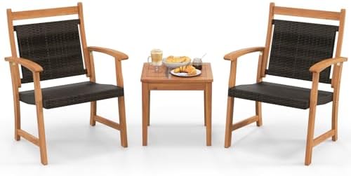 HAPPYGRILL 3 Pieces Rattan Wood Bistro Set, Patio Wicker Chairs Set with Acacia Wood Side Table, Outdoor Sofa Furniture Set for Yard Garden Porch Poolside