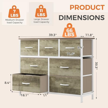 Sweetcrispy 7 Drawer Dresser for Bedroom Storage with Fabric Bins, Oak
