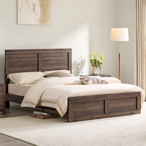 KISLOT Wood Bed Frame with Headboard and Footboard, Walnut, Full