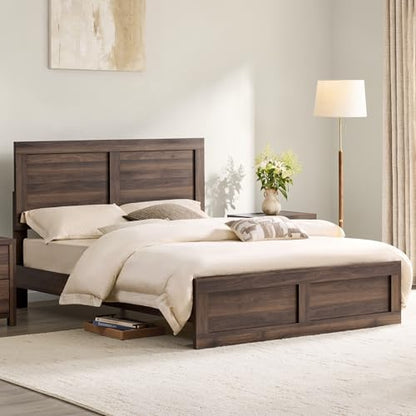 KISLOT Wood Bed Frame with Headboard and Footboard, Walnut, Full