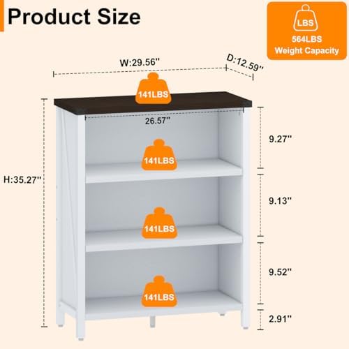 Farmhouse 3 Tier Bookshelf, Wood Bookcase, White Oak & Walnut