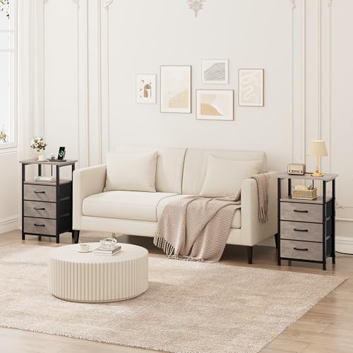 Nightstand with Charging Station, Bedside Table with USB Ports and Outlet, End Table Side Table with 3 Fabric Drawers and Storage Shelf, Bed Side Table Night Stand for Bedroom, Greige