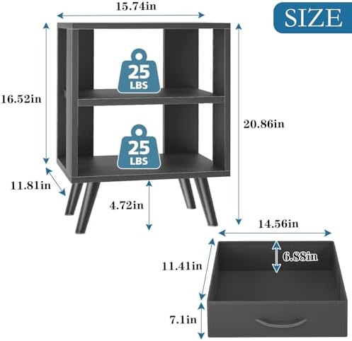 Aenuert Night Stand, Black Nightstand with Drawer, Side Table with Open Storage, 2-Tier Modern End Table, Bedside Table for Small Space, Living Room, Bedroom