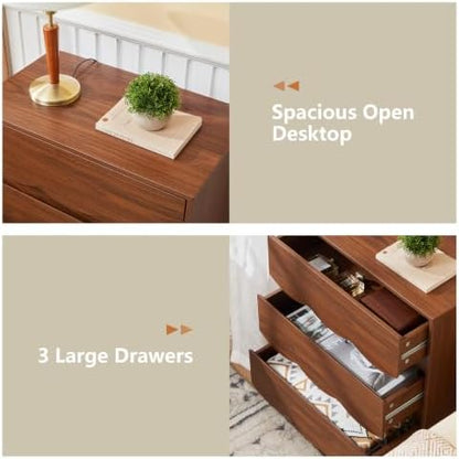Walnut Scalloped 3 Drawer Dresser,Mid Century Modern Nightstand for Bedroom