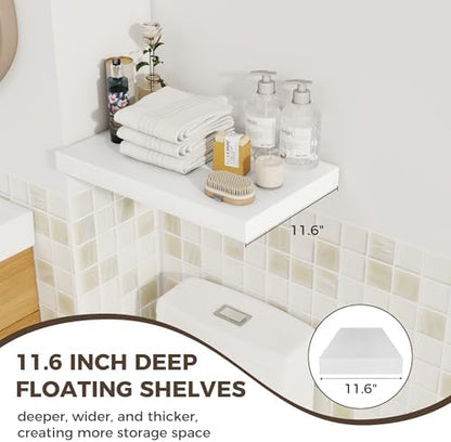 12 Inch Deep Floating Shelves for Wall, 20 Inch Long Wall Mounted Storage Shelf with Invisible Brackets, 2 Pack Hanging Wood Shelf for Farmhouse, Bedroom, Kitchen, Living Room, White