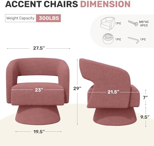 Nebuaegis Swivel Accent Chair, Modern Comfy Teddy Barrel Chairs, Oversized Upholstered Round Arm Chair for Living Room, Bedroom, Reading Room, Dark Pink, 1 PCS