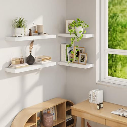 Floating Shelves, 9.3'' Deep Solid Pine Wood Wall Shelves for Storage, Wall Mounted Display Shelf with Invisible Heavy-Duty Metal Bracket, 36'' Width Set of 2, White