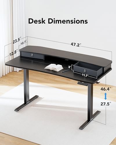 HUANUO 47.2" X 23.6" Electric Standing Desk with 2 Drawers, C-Clamp Mount Compatible, Height Adjustable Computer Desk, Home Office Stand Up Desk with 4 Preset Heights & 2 Hooks, Black