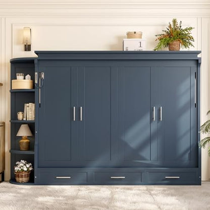 Bellemave Full Murphy Bed with Shelf, Cabinet Bed Frame with Side Cabinets, Murphy Cabinet with Drawers, Noisy Free, for Guest Bedroom, Living Room, Blue