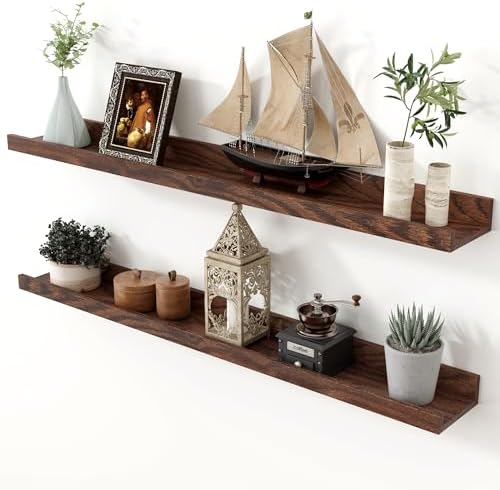 Oak Picture Ledge Shelf, 36 Inch Floating Shelves Set of 2, Solid Oak Wood Wall Shelves with Lip, Wall Decor Storage for Bedroom Living Room Bathroom Kitchen Nursery Photo Picture, Walnut