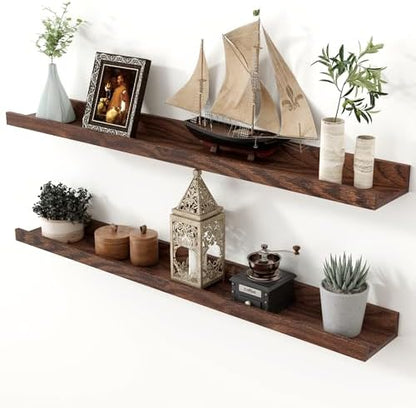 Oak Picture Ledge Shelf, 36 Inch Floating Shelves Set of 2, Solid Oak Wood Wall Shelves with Lip, Wall Decor Storage for Bedroom Living Room Bathroom Kitchen Nursery Photo Picture, Walnut