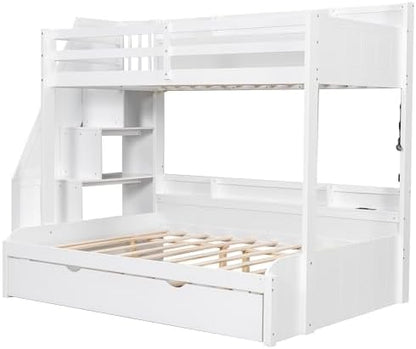 Twin Over Full Bunk Bed with Storage Staircase and Trundle,Storage Shelves, LED and USB,for Kids Teens Adults Bedroom Use (White-USB, Twin Over Full)