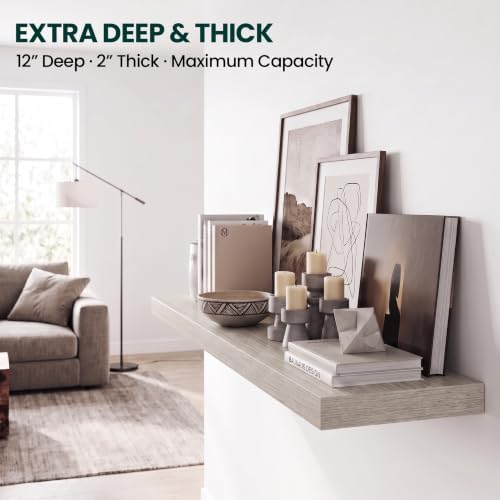 12 Inch Deep Floating Shelves Grey, 36 Inch Long, 2" Thick Floating Shelves for Wall, Hidden Bracket, Scratch-Resistant Wood Grain for Bedroom Bathroom Kitchen, Coffee Bar, Bookshelf