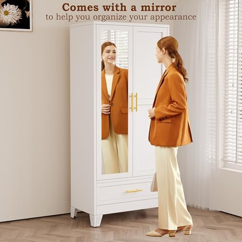 RIETERN Metal Armoire Wardrobe Closet, 71" Bedroom Closet with Mirror White