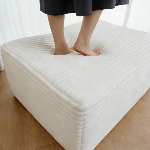 37.4" Plush Corduroy Ottoman, Upholstered Cloud Ottoman for Boneless Couch in a Box, Modular Sectional Couches for Living Room, Compressed Memory Foam, No Assembly Require, White