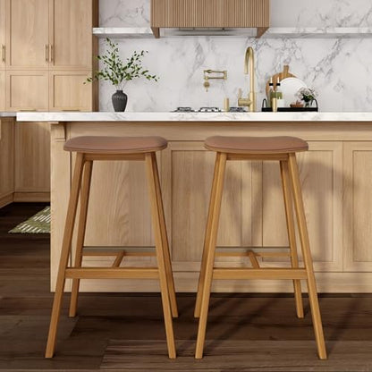 Plank+Beam Beryl Bar Stool, Bar Height, Upholstered, Set of 2, Pecan/Toffee