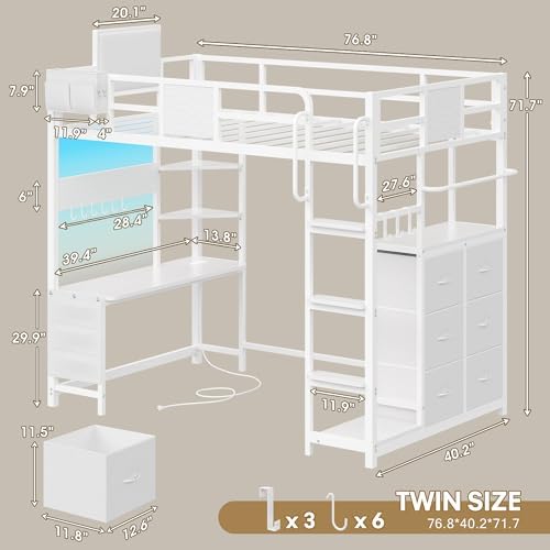 Twin Loft Bed with Desk and 6 Storage Drawers, Loft Bed Twin Size