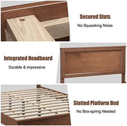 KOMFOTT Full Size Wood Platform Bed Frame with Headboard, Wooden Mid Century Platform Bed with Slat Support & Under Bed Storage, Mattress Foundation Bed Base, No Box Spring Needed, Walnut