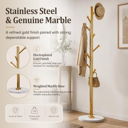 Homde Metal Coat Rack Stand: Natural Marble Base with 8 Hooks (Golden)