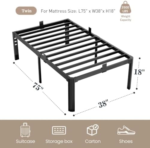 Metal Bed Frame Twin Size, 18 Inch Sturdy Heavy Duty Platform Bed Frames