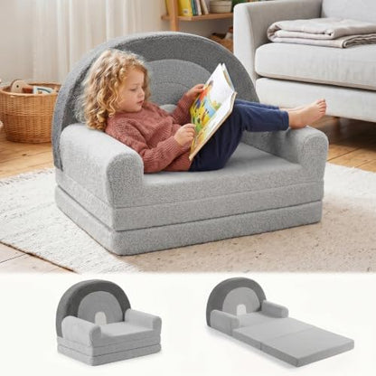 2-in-1 Extra Large Kids Couch Fold Out, Soft Kid Sofa for Playroom, Gray