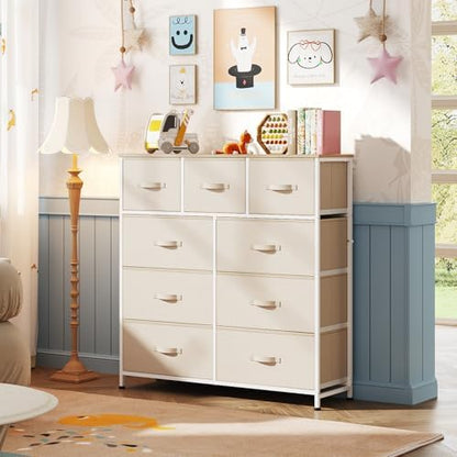 WLIVE Tall Dresser for Bedroom, 9 Drawer Chest of Drawers, Cream White