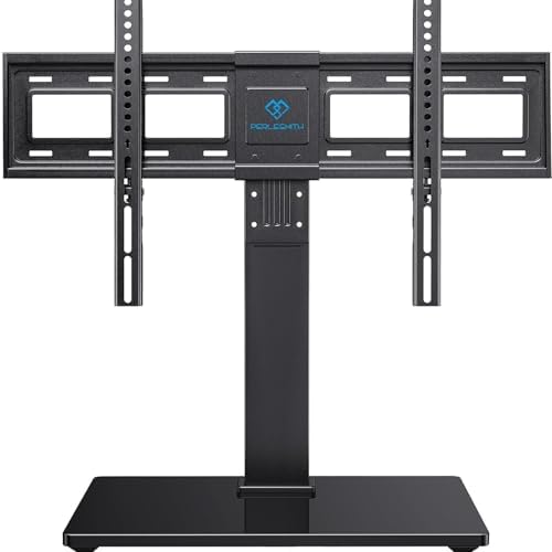 A black TV stand mount with a wide mounting bracket, two vertical support arms, and a central pedestal base on a plain white background. The brand name 'DEJIAOYIN' is visible in blue on the center column.