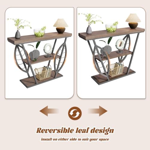 HavenlyYouth Leaf Design Console Table for Entryway, 3-Tier Storage, 30mm Thick Industrial Metal Frame, Easy-to-Assemble Narrow Accent Table, Space-Saving for Hallway, Entrance, Foyer.Grey