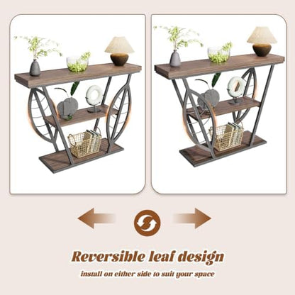 HavenlyYouth Leaf Design Console Table for Entryway, 3-Tier Storage, 30mm Thick Industrial Metal Frame, Easy-to-Assemble Narrow Accent Table, Space-Saving for Hallway, Entrance, Foyer.Grey