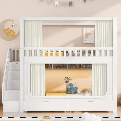 Full Over Full Bunk Bed with Privacy Curtains, Under Bed LED Lighting, Storage Stairs, and Built-in Compartments (White-4, Full)