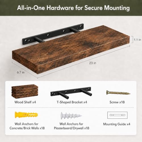 Floating Shelves for Wall Decor,Set of 4,23in,Rusitc Brown